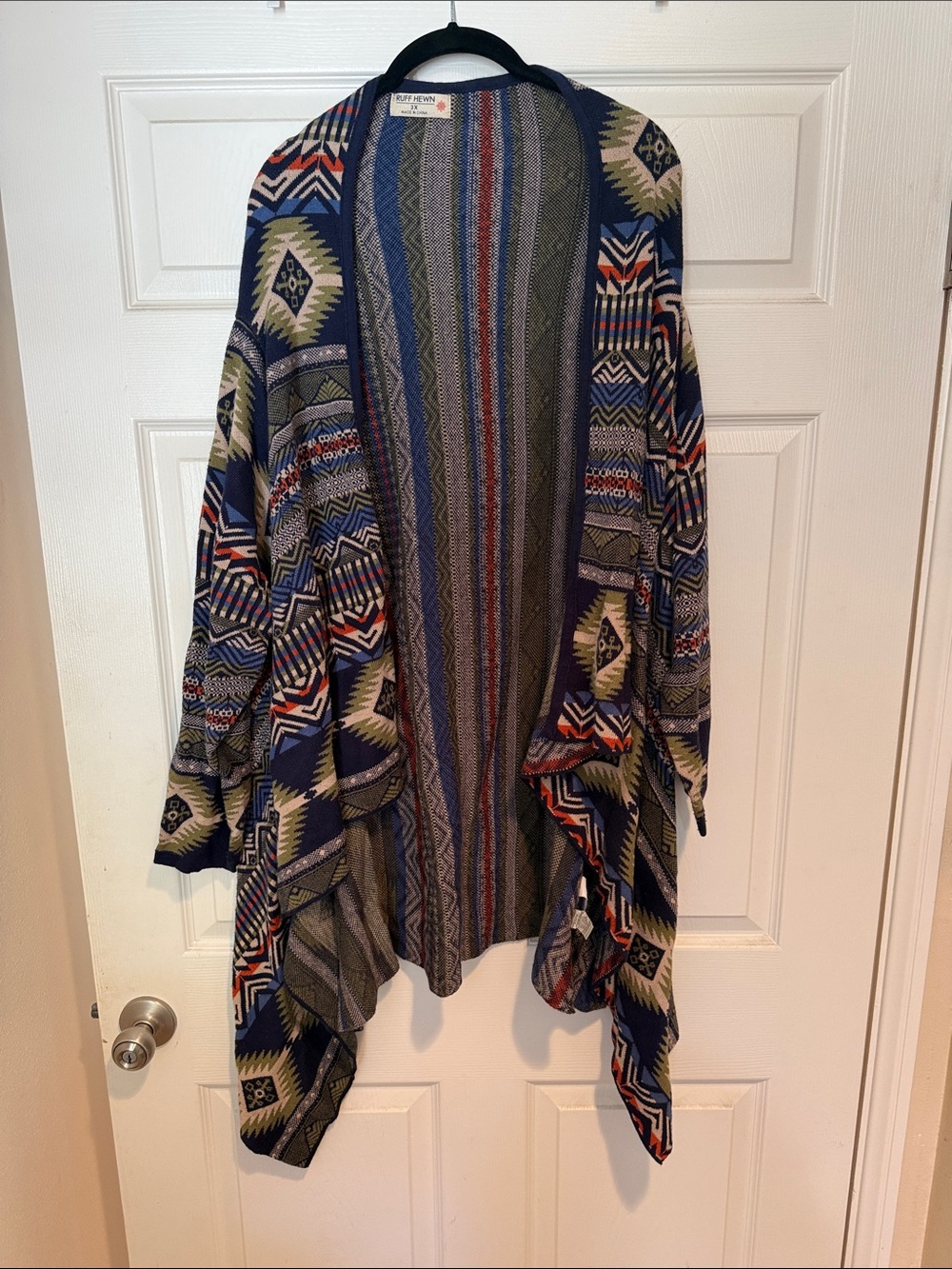Ruff Hewn Navy Aztec Draped Open-Front Cardigan